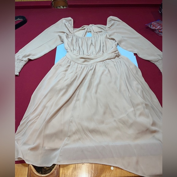 Exlura beige tan nude DRESS square Stretch Neck Long Ruffle sleeve Flowy Ties 2X - Picture 11 of 14